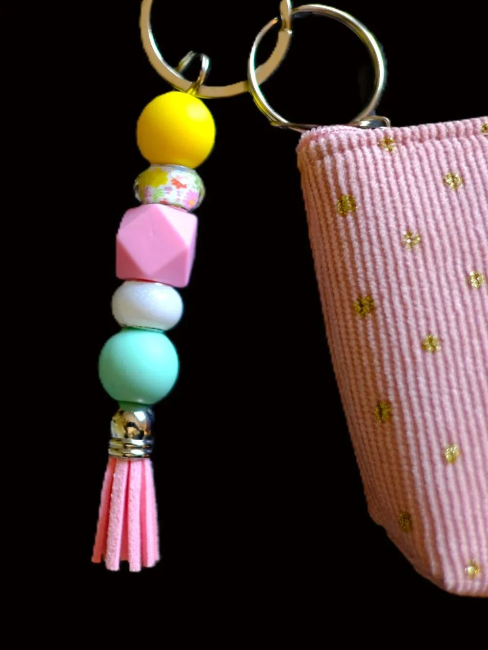Handmade Pink & Yellow Floral Matching Lanyard Set, pouch, key, gift, beads